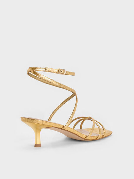 Metallic Crinkle-Effect Strappy Ankle-Strap Kitten-Heel Sandals, Gold, hi-res