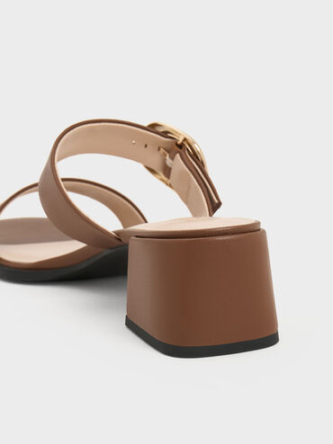 Oval-Buckle Heeled Mules, Cognac, hi-res