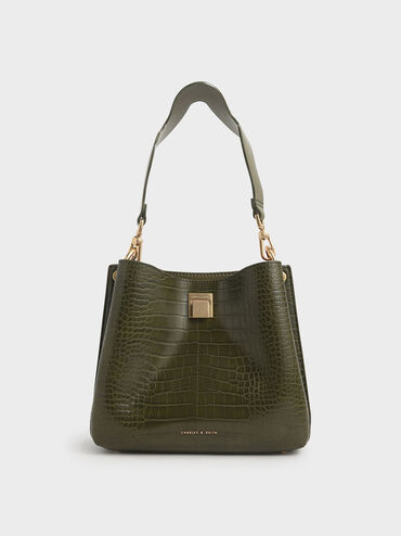 Croc-Effect Bucket Shoulder Bag, Olive, hi-res