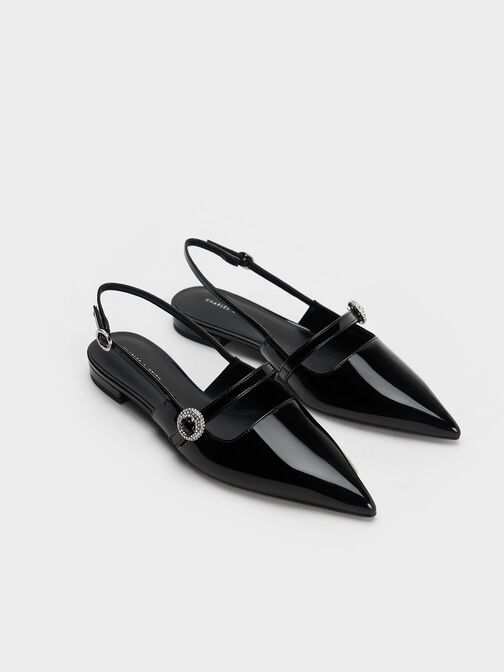 Patent Crystal-Embellished Slingback Flats, Black Patent, hi-res