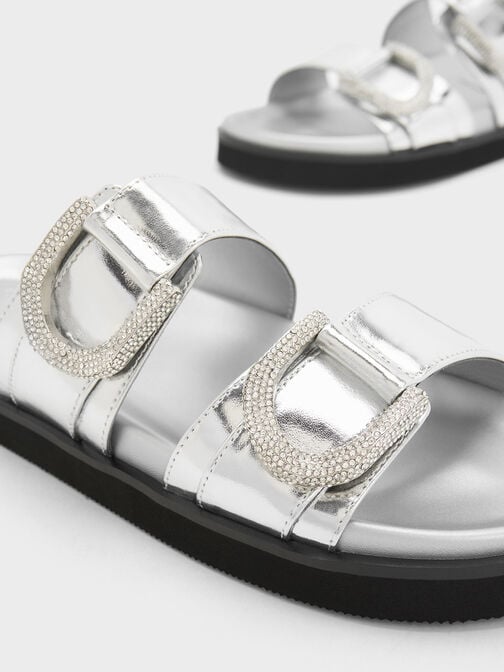 Gabine Crystal-Embellished Metallic Leather Slides, Silver, hi-res