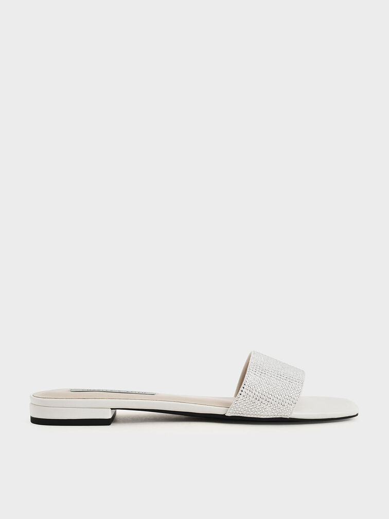 Gem Embellished Slide Sandals, Cream, hi-res