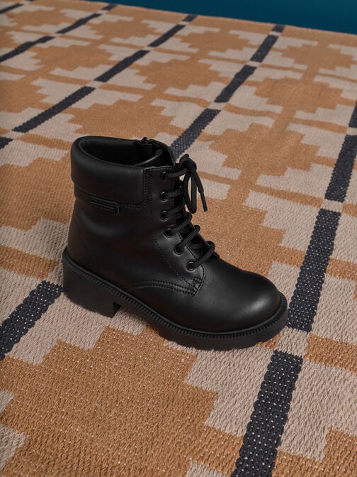Girls' Side-Zip Ridged-Sole Lace-Up Ankle Boots, Black, hi-res