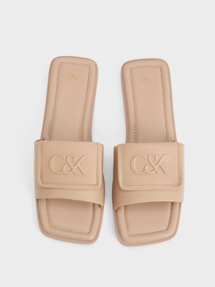 Leather Slide Sandals, Nude, hi-res