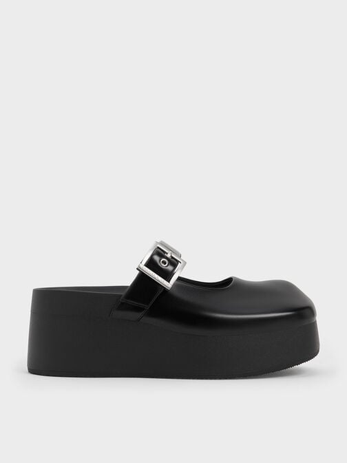 Buckle-Strap Flatform Mules, Black, hi-res