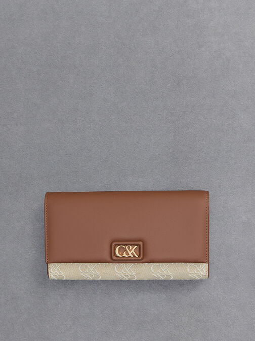 Leather & Canvas Chain-Strap Wallet, Cognac, hi-res