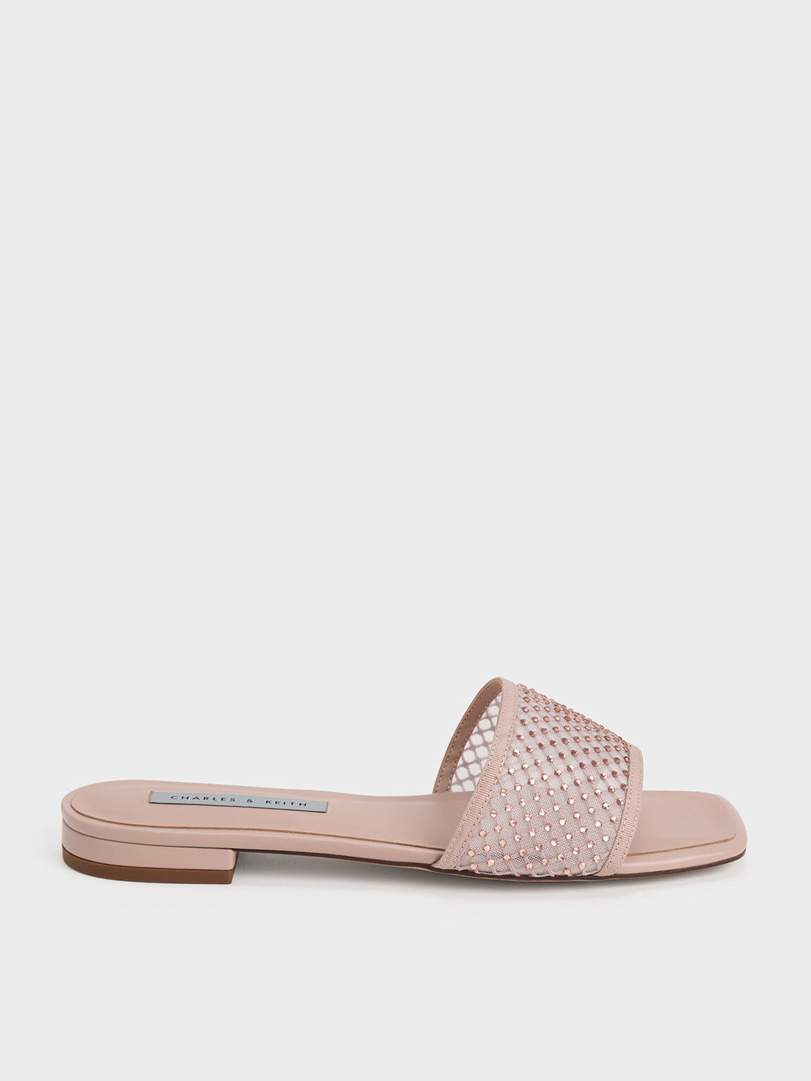 Gem-Encrusted Mesh Slide Sandals, Nude, hi-res