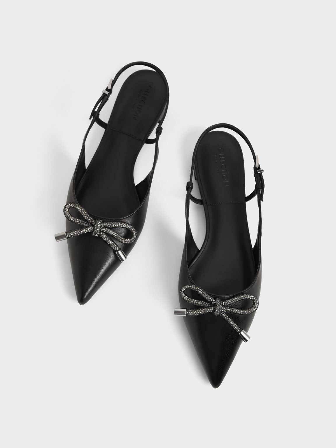 Gem-Embellished Bow-Tie Slingback Flats, Black, hi-res