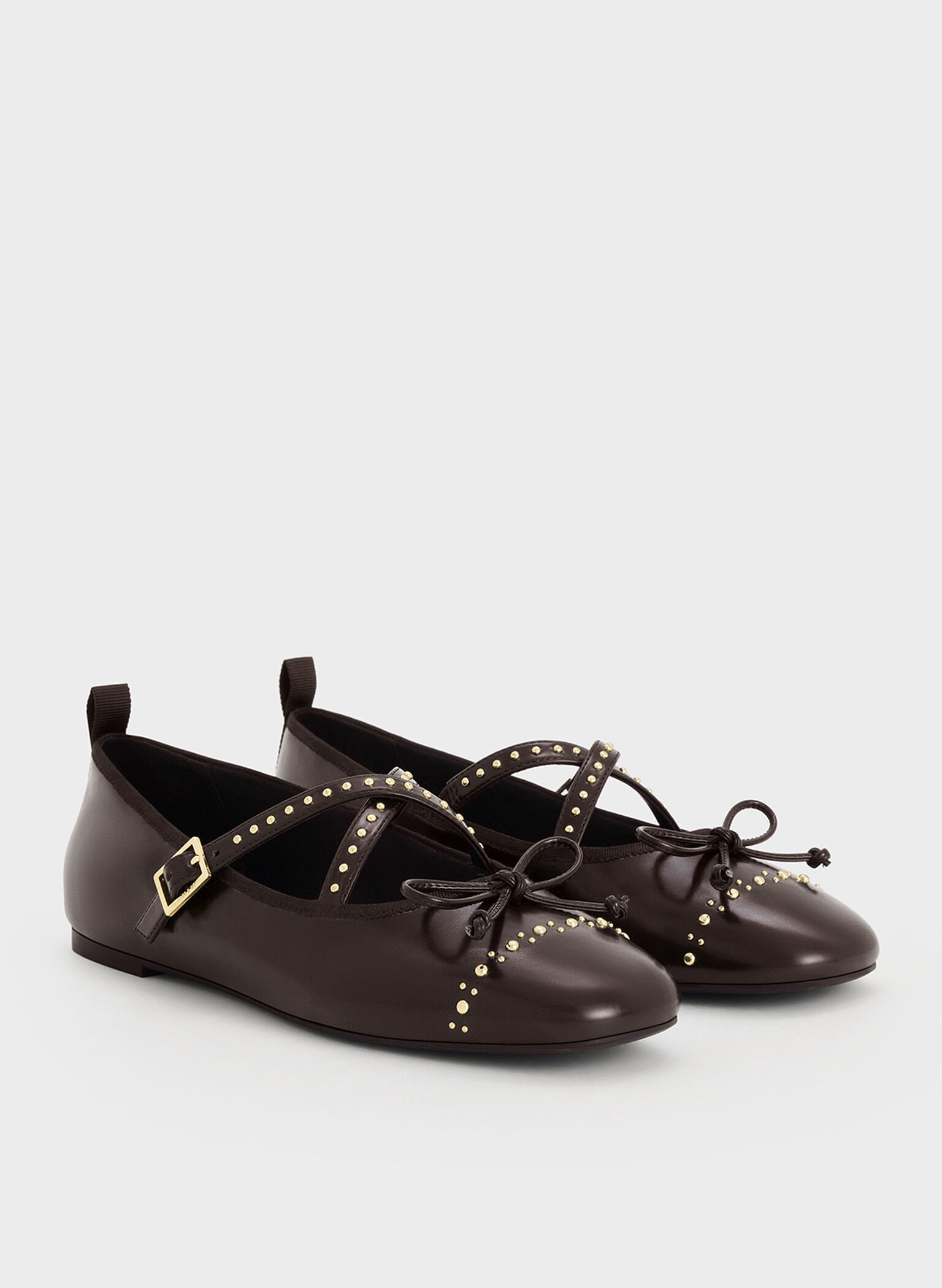 Studded Crossover-Strap Mary Jane Flats, Dark Brown, hi-res