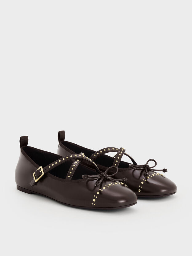 Studded Crossover-Strap Mary Jane Flats, Dark Brown, hi-res