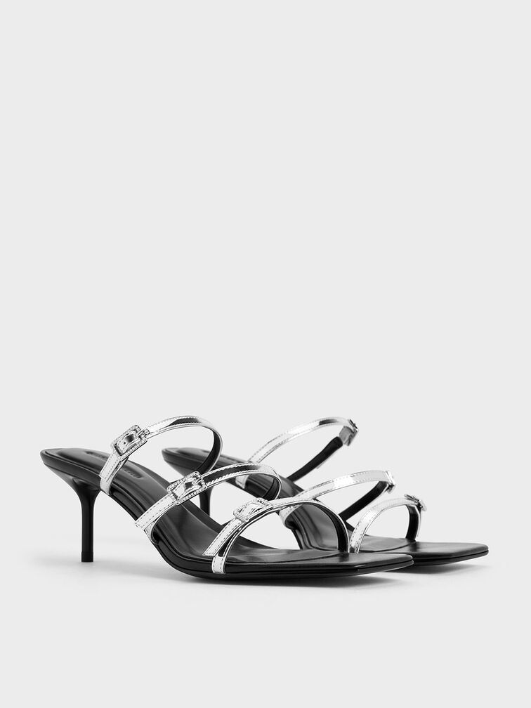 Metallic Crystal-Buckle Heeled Mules, Silver, hi-res