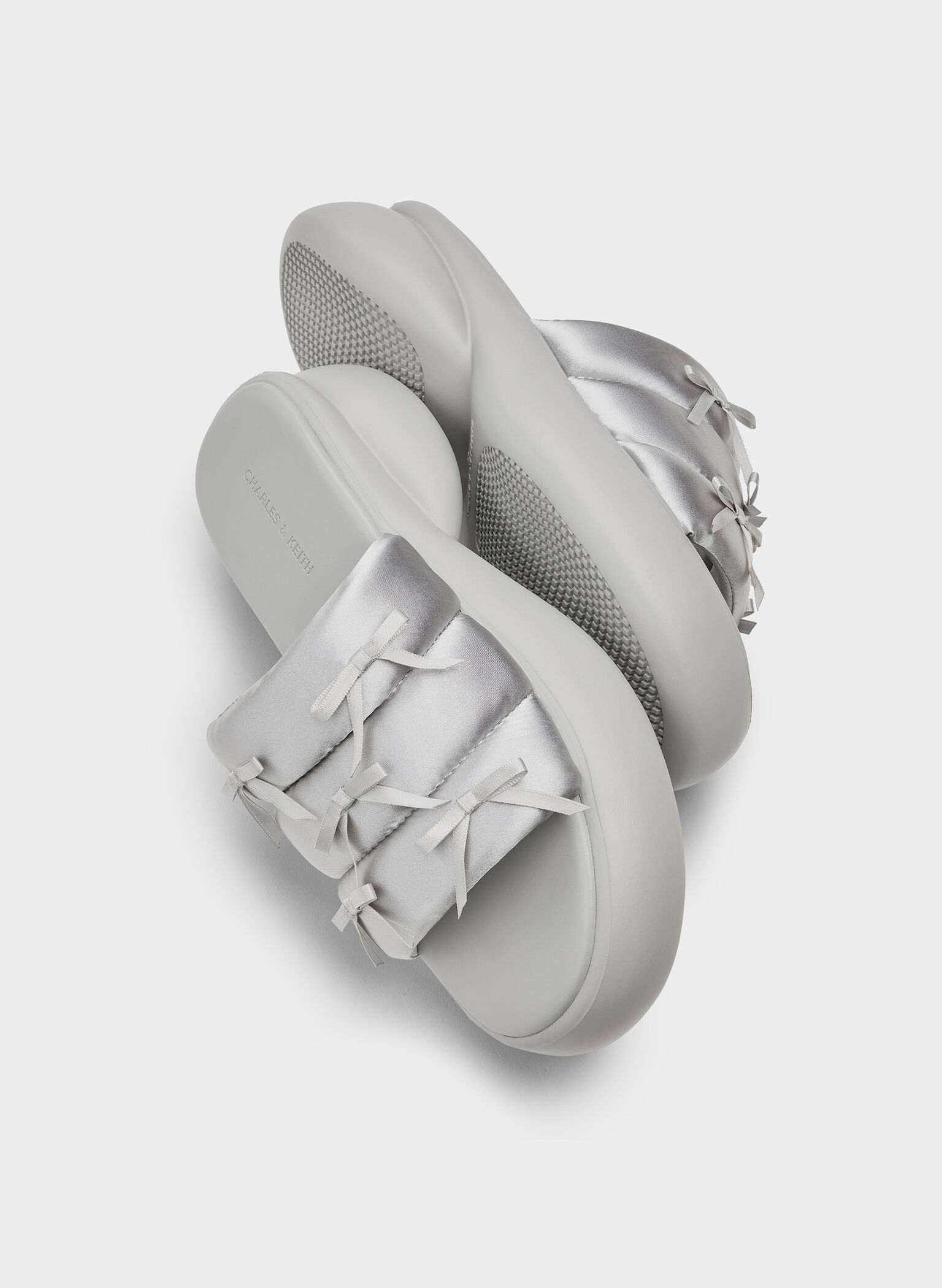 Recycled Polyester Bow Puffy Sports Sandals, Light Grey, hi-res