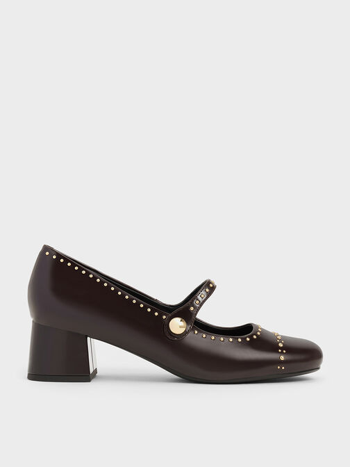 Studded Mary Jane Pumps, Dark Brown, hi-res