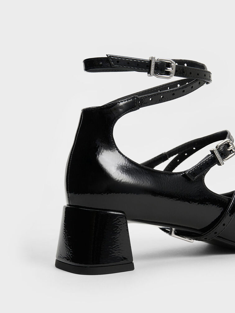 Crinkle-Effect Strappy Buckled Pumps, Black Patent, hi-res