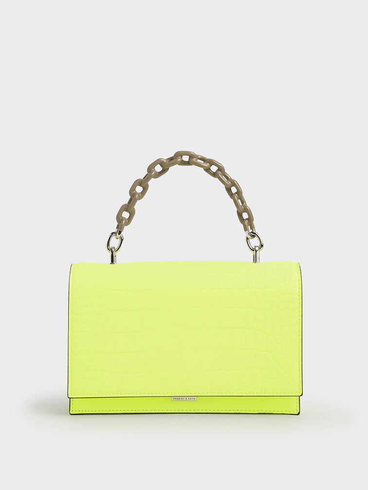 Croc-Effect Two-Tone Chain Top Handle Bag, Neon Yellow, hi-res
