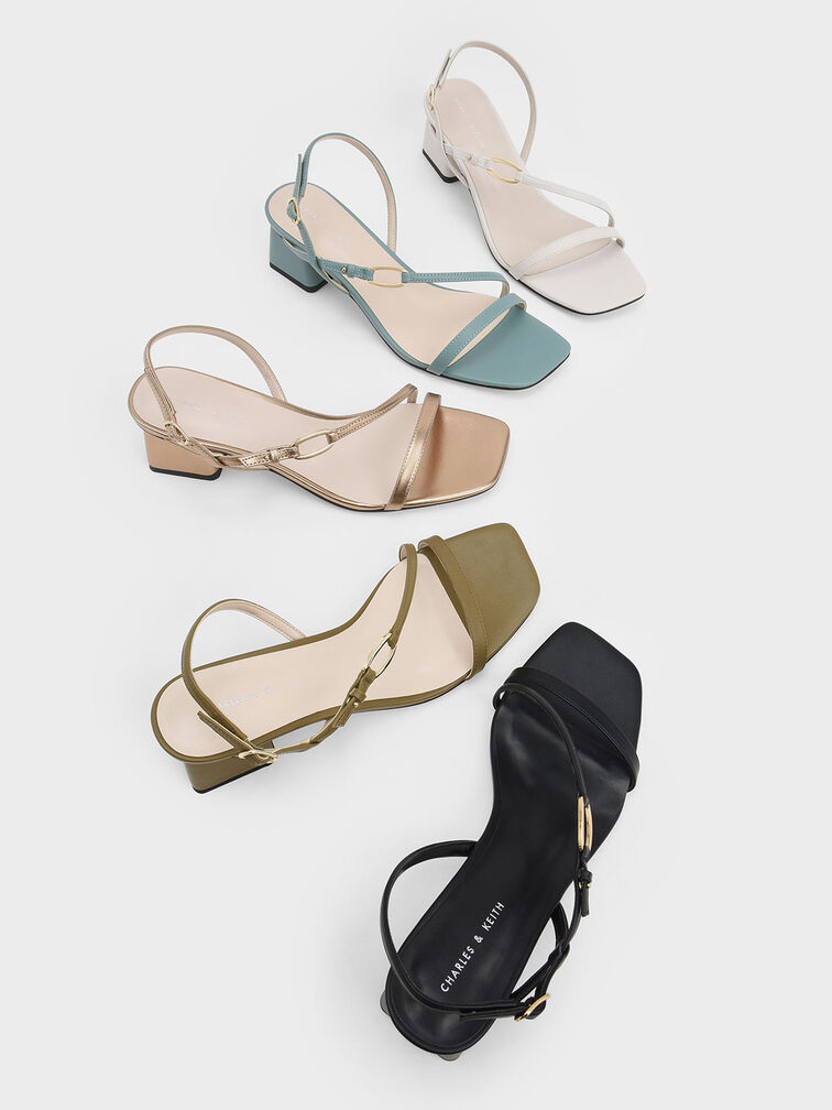 Metallic Accent Strappy Block Heel Sandals, White, hi-res