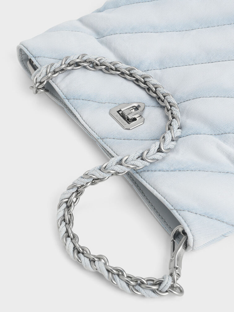 Fawn Denim Panelled Chain-Handle Shoulder Bag, Light Washed Denim, hi-res