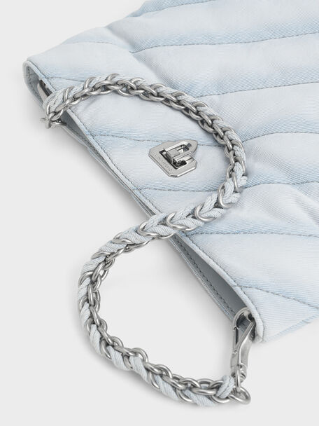 Fawn Denim Panelled Chain-Handle Shoulder Bag, Light Washed Denim, hi-res