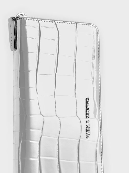 Metallic Croc-Effect Zip-Around Long Wallet, Silver, hi-res