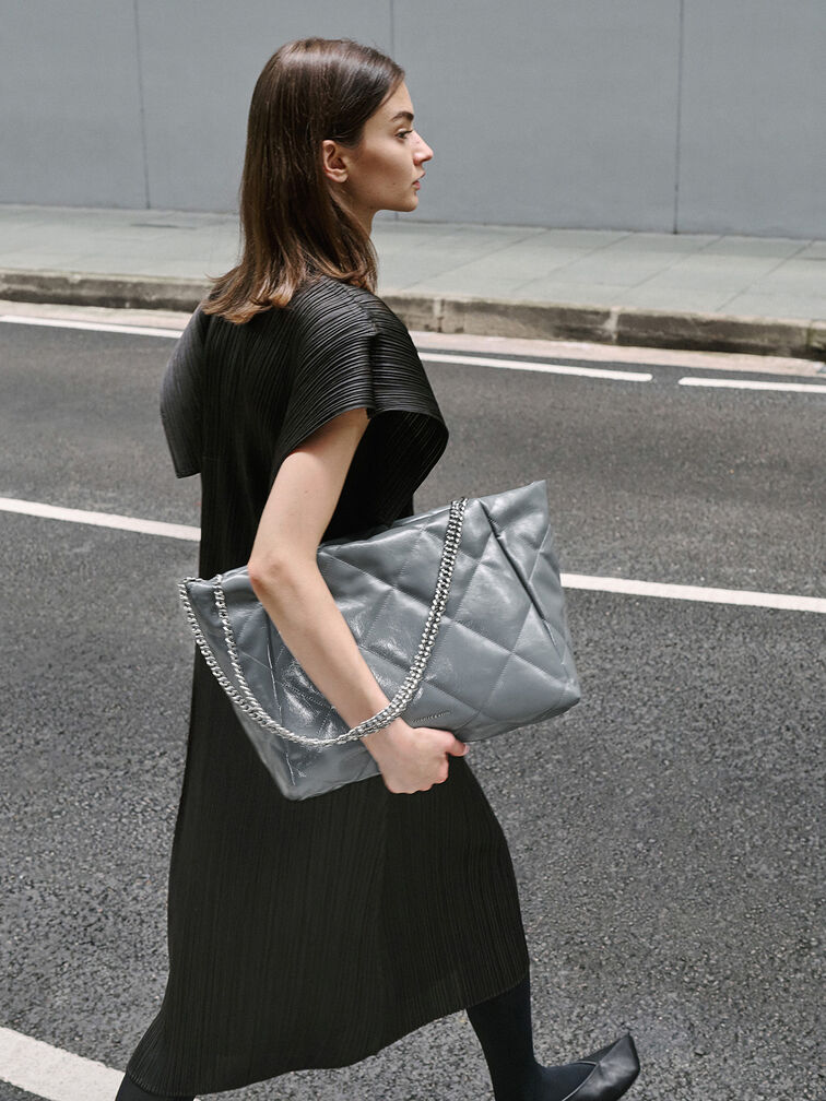 Apfra Quilted Chain-Handle Tote Bag, Grey, hi-res