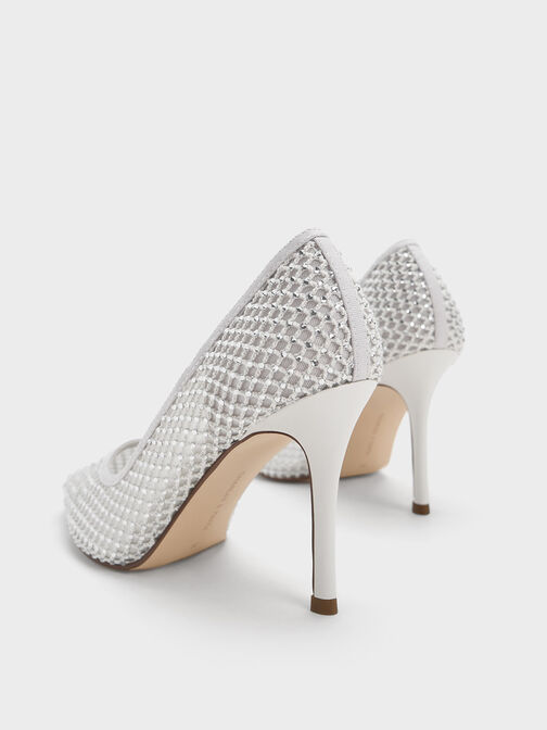 Mesh Crystal-Embellished Pointed-Toe Pumps, White, hi-res