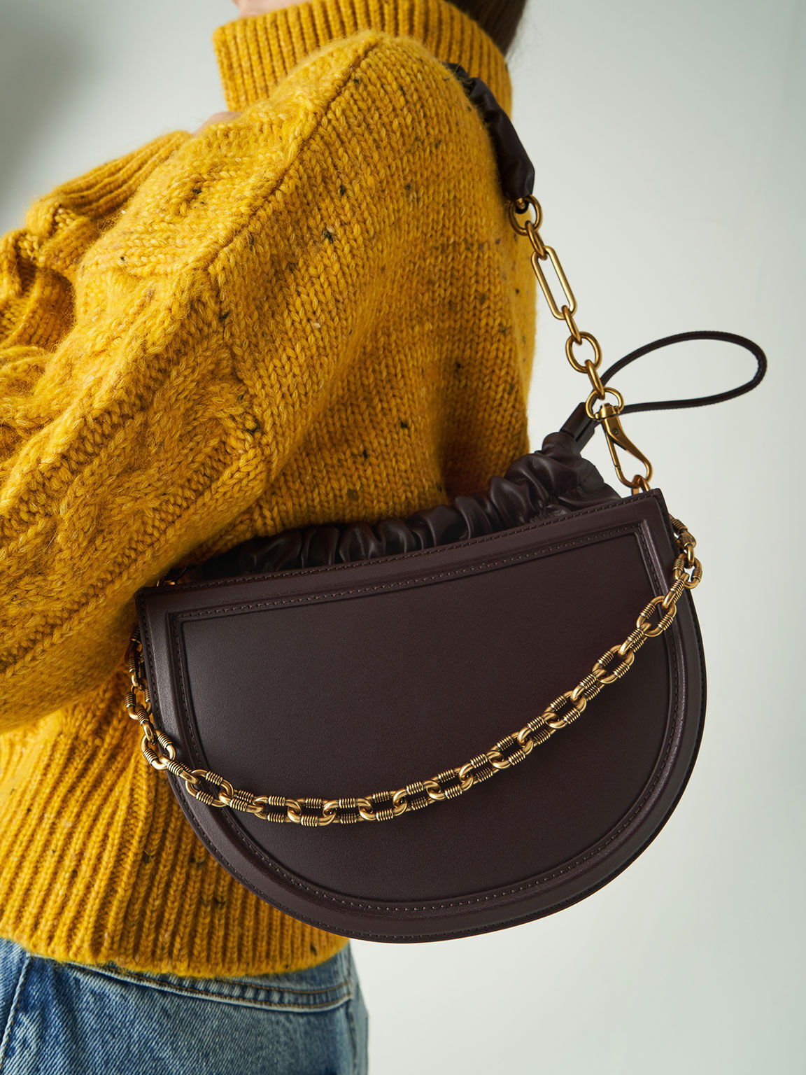Solange Ruched Chain Handle Crescent Bag, Dark Oak, hi-res