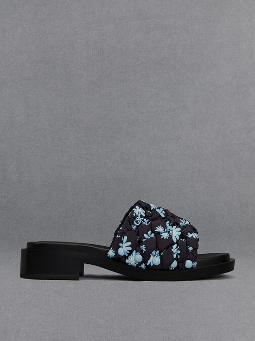 Nylon Puffy Floral-Print Sandals, Multi, hi-res