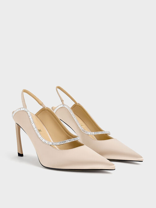 Recycled Polyester Crystal-Embellished Pointed-Toe Slingback Pumps, Champagne, hi-res