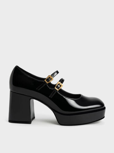 Patent Block Heel Mary Janes, Black, hi-res