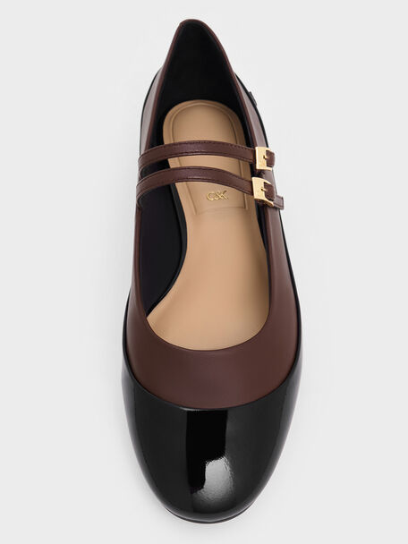 Leather & Patent Double-Strap Mary Jane Flats, Dark Brown, hi-res