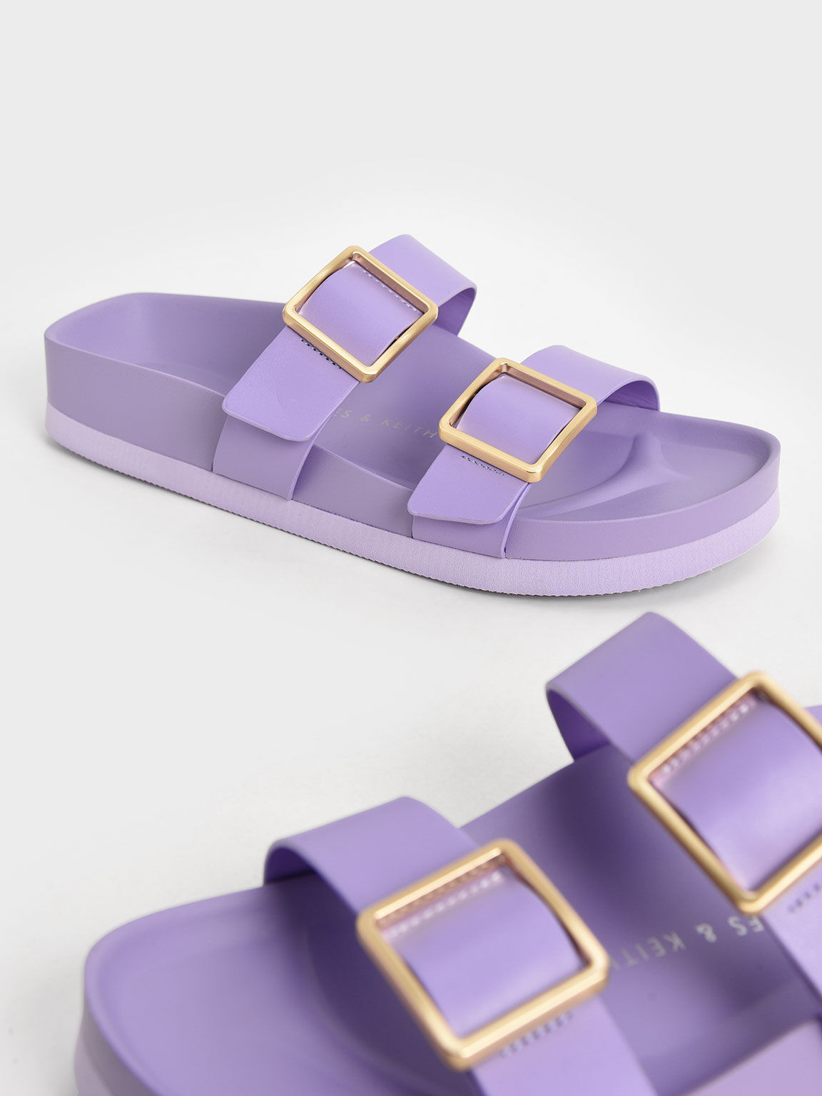 Metallic Buckle Slide Sandals, Purple, hi-res