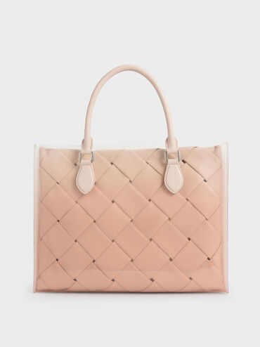 Woven Double Top Handle Bag, Light Pink, hi-res