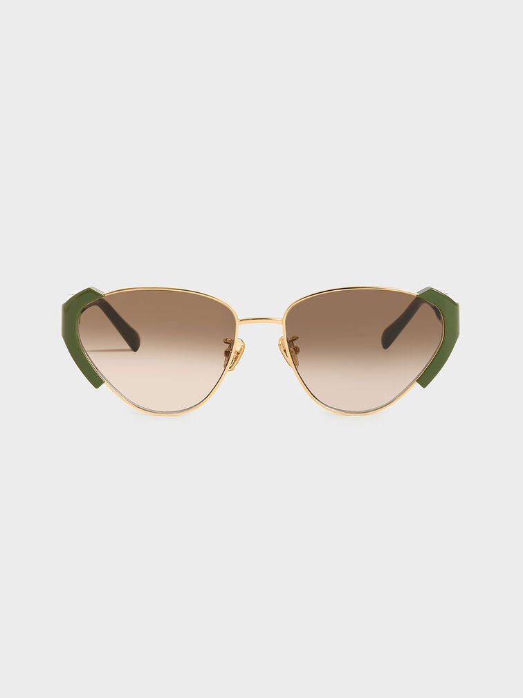 Acetate Striped Cat-Eye Sunglasses, Olive, hi-res