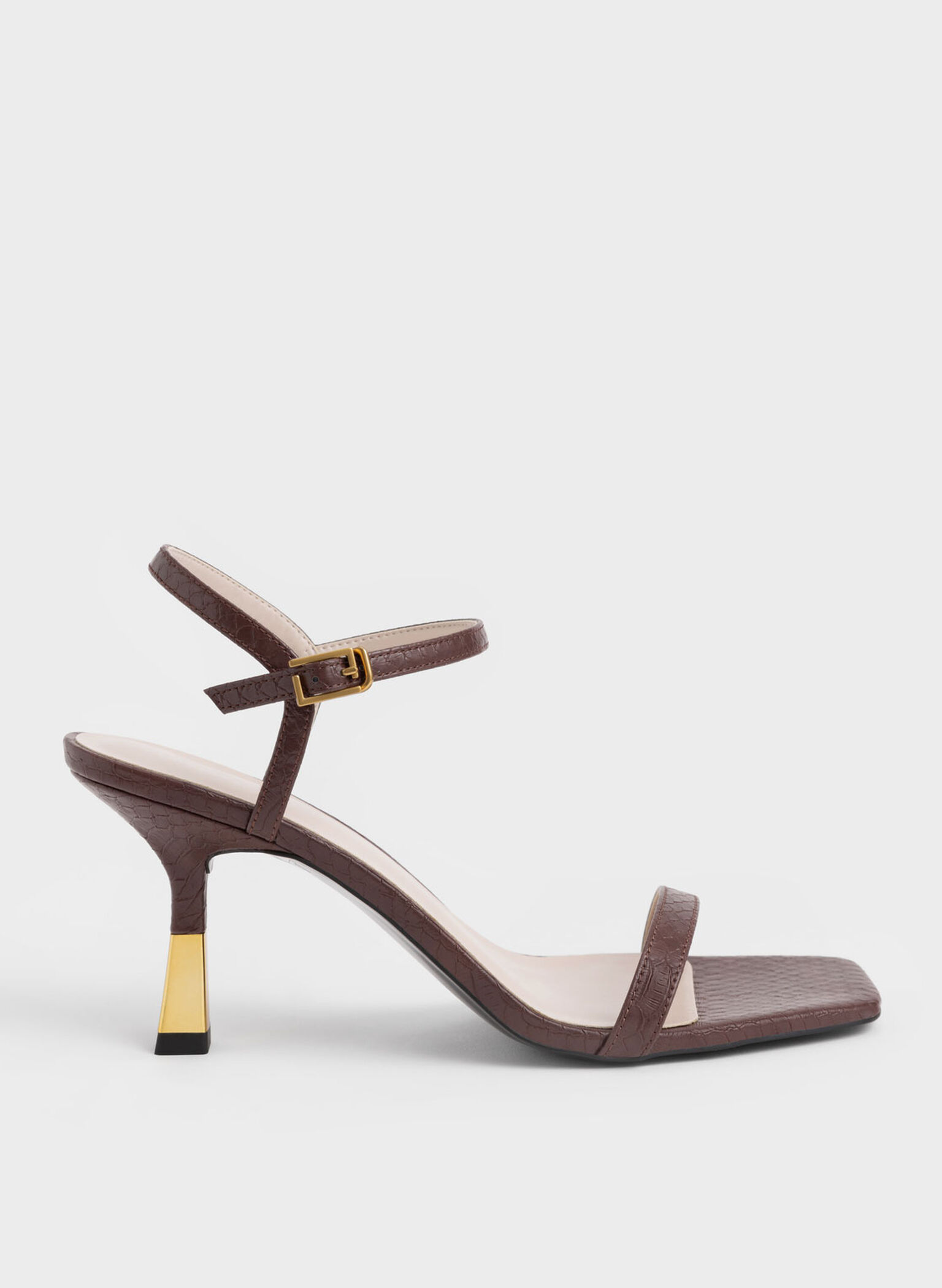 Brown Snake-Print Ankle-Strap Heeled Sandals - CHARLES & KEITH PH