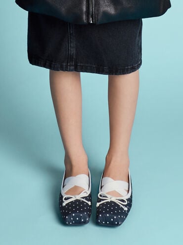 Girls' Dotted Bow Square-Toe Crossover-Strap Ballet Flats, Dark Blue, hi-res
