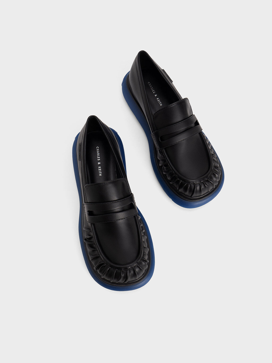 Ruched Ridged-Sole Penny Loafers, Black, hi-res