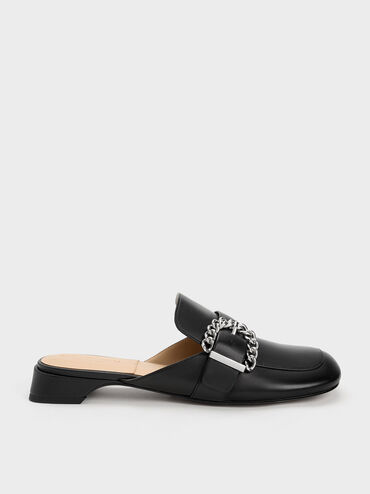 Chain-Buckled Leather Mules, Black, hi-res