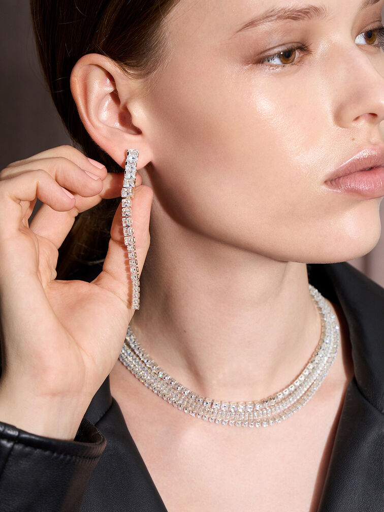 Crystal Row Drop Earrings, Silver, hi-res