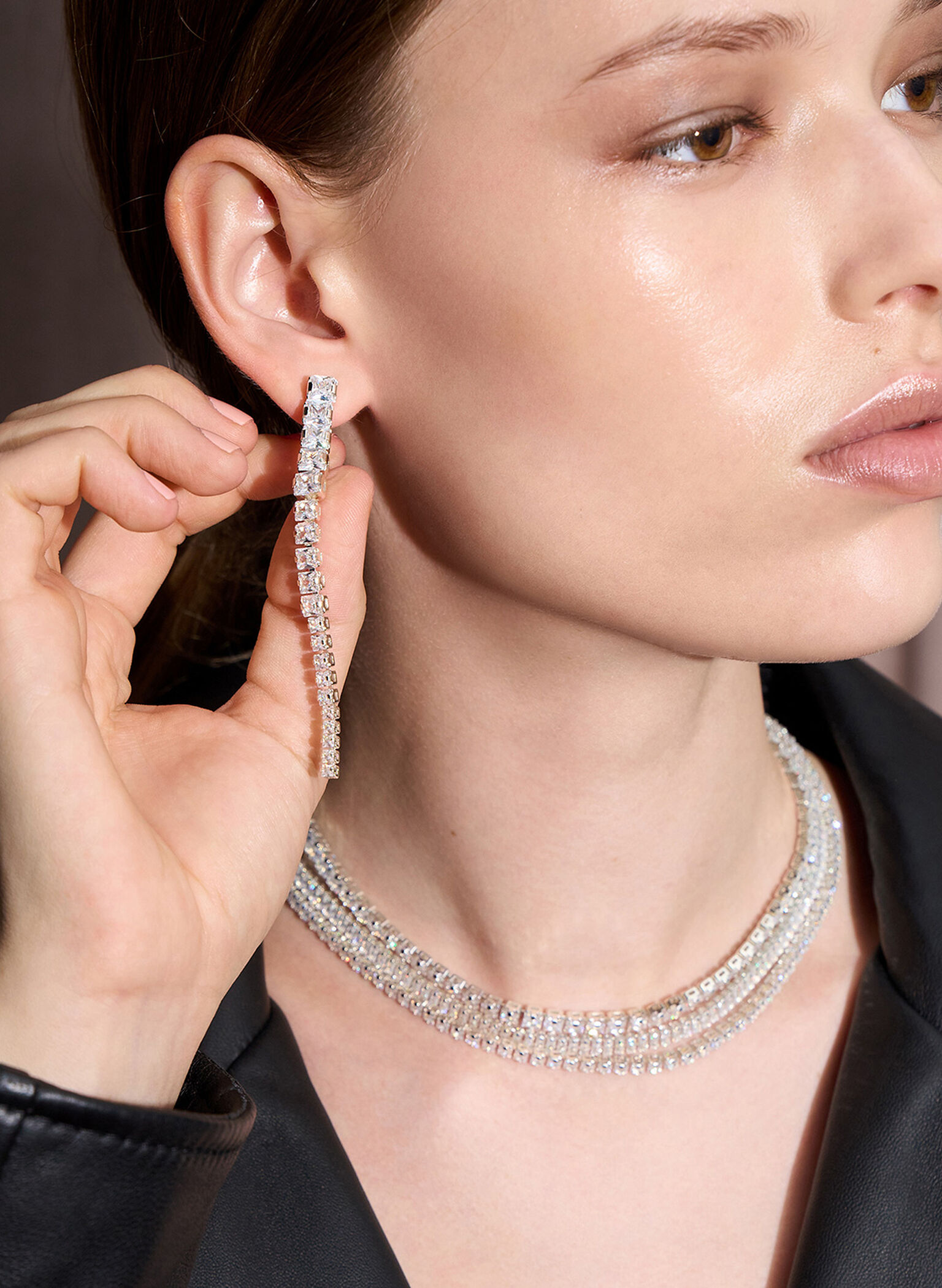 Crystal Row Drop Earrings, Silver, hi-res