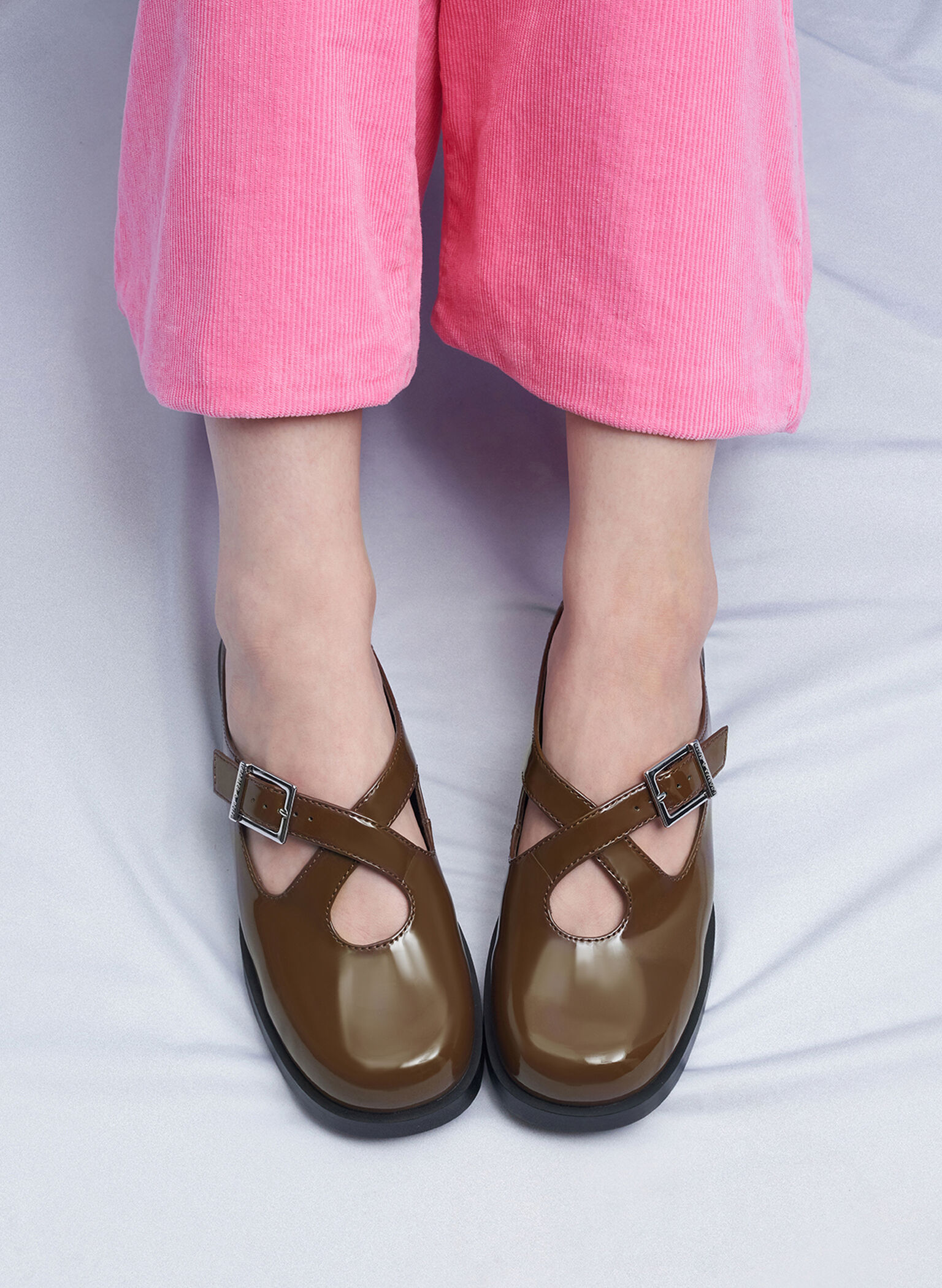 Buckled Crossover-Strap Slip-On Flats, Brown, hi-res