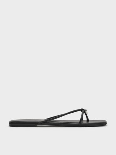 Metallic-Charm Strappy Thong Sandals, Black, hi-res