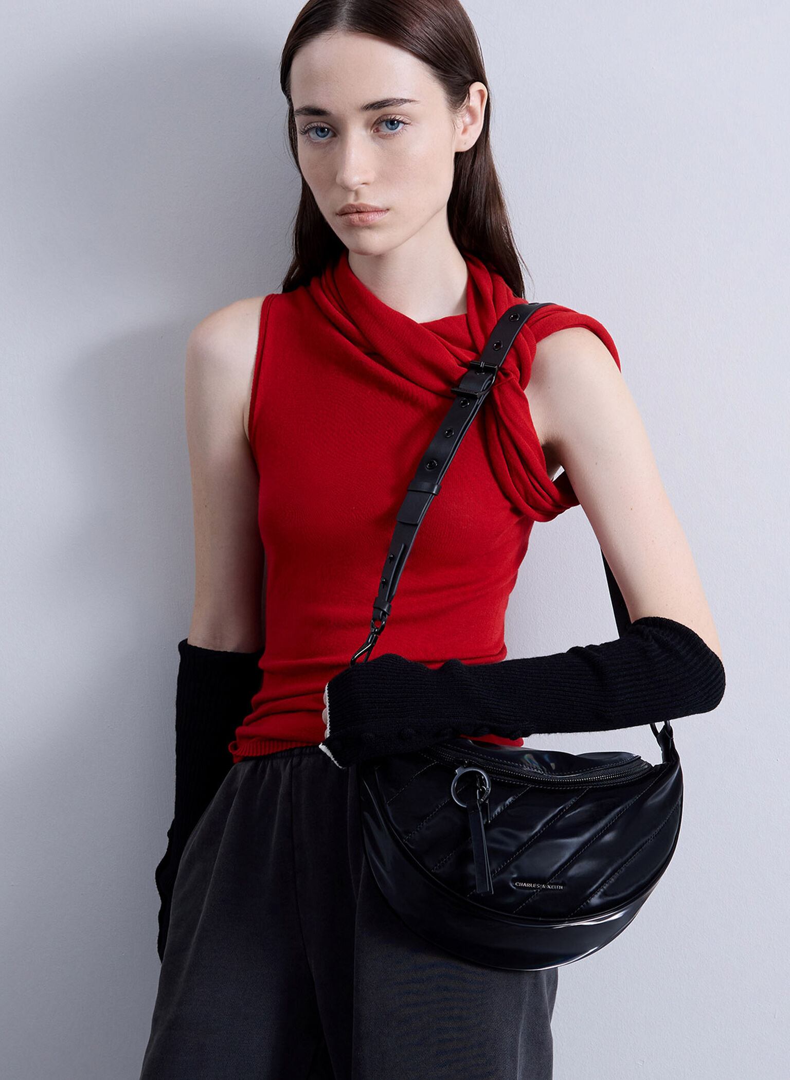 Philomena Shiny Half-Moon Crossbody Bag, Jet Black, hi-res