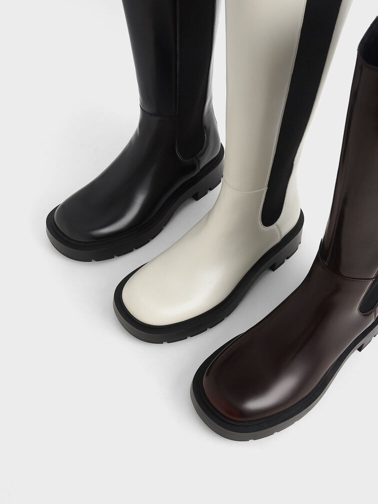 Zip-Up Chelsea Knee Boots, Dark Brown, hi-res