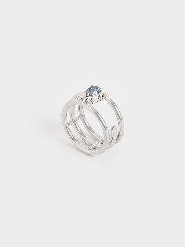 Crystal Embellished Caged Ring, Silver, hi-res