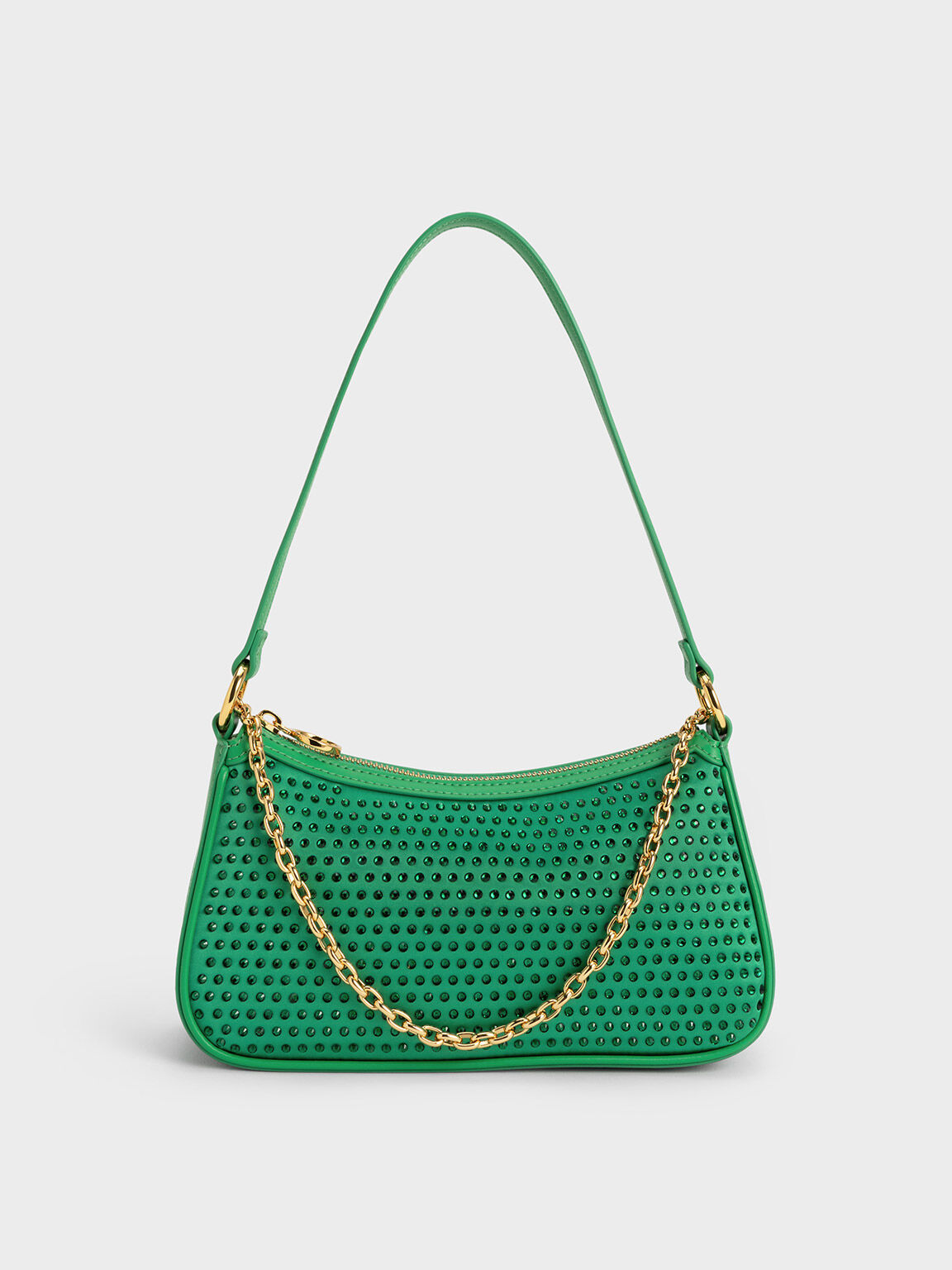 Crystal-Embellished Satin Shoulder Bag - Green