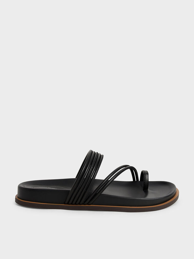 Toe Loop Strappy Flat Sandals, Black, hi-res