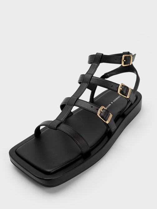 Buckled Gladiator Sandals, Black, hi-res