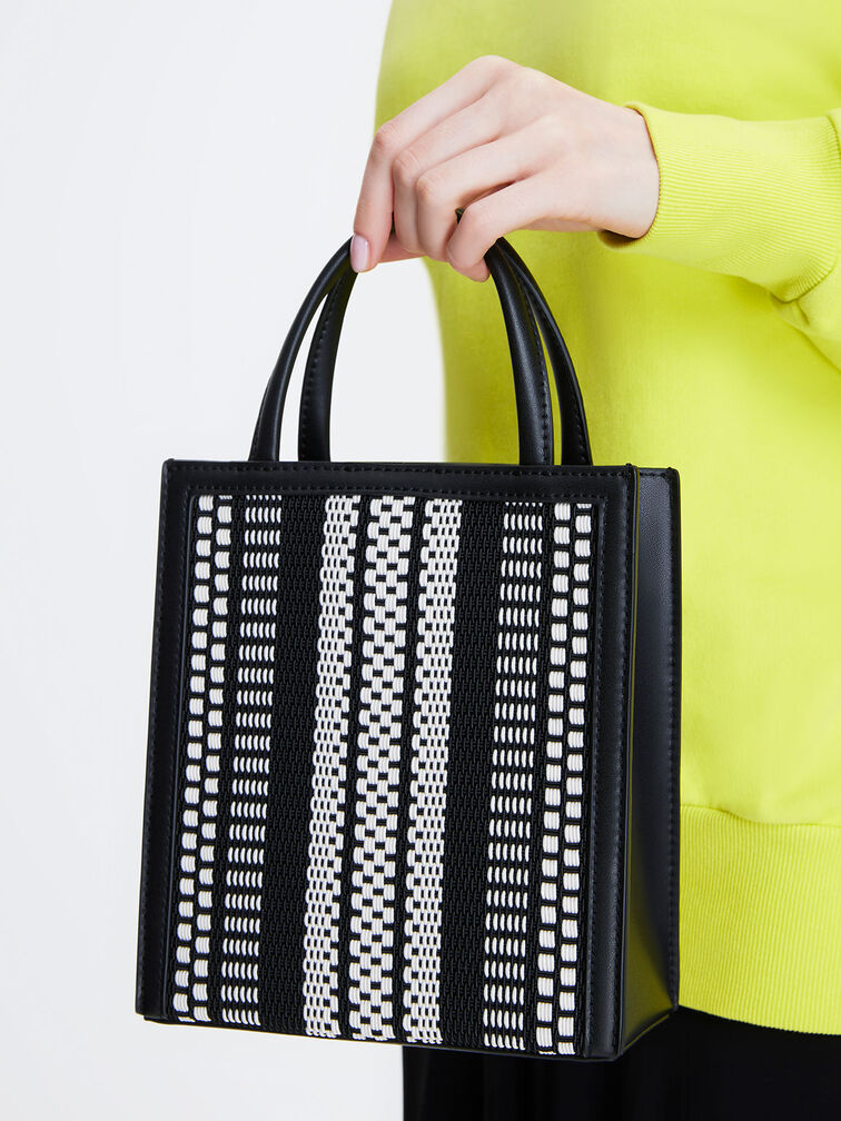 Woven Double Handle Tote Bag, Black, hi-res