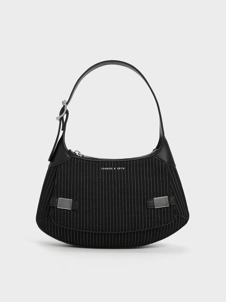 Bolso curvo a rayas con acento metálico, Gris oscuro, hi-res