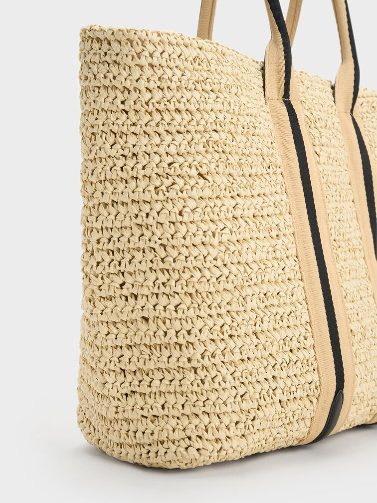 Striped Handles Raffia Tote Bag, Black, hi-res